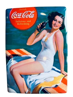Coca Cola Coke Tin Postcard Sign 5x8 inch Pinup White Bathing Suit - Image 1 of 4