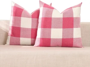 Couch Pillow Covers 18x18 Set of 2 Outdoor Square 18 Inches Pink Buffalo Plaid - Picture 1 of 7