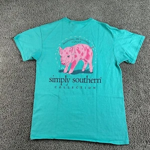 Simply Southern Shirt Women Medium Green Blue Pig Raised In The South Preppy - Picture 1 of 10