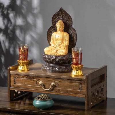 Altar Table with Storage, Small Meditation Table, Natural Bamboo Puja Table with - Image 1 of 4