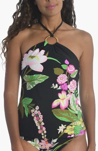 Trina Turk Moonlit Lotus Ring Black Floral Tankini Top L77655 Women's Size 6 - Picture 1 of 2