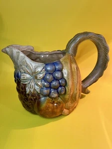 Majolica Fruit Pouring Pitcher Vintage Art Pottery Grapes Terracotta Carafe Jug - Picture 1 of 12