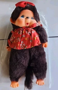 Vtg Large 1980's Monchhichi Girl Monkey Doll Plush Red Dress & Bow New NOS Toy - Picture 1 of 7