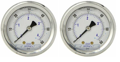 2 PACK LIQUID FILLED PRESSURE GAUGE 0-60 PSI, 2" FACE, 1/4" BACK MOUNT - Image 1 of 3