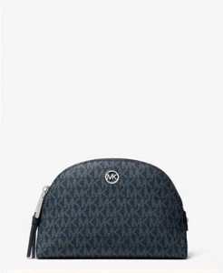 Michael Kors Heritage Large MK Dome Zip Cosmetic Pouch Travel Makeup Bag Blue - Picture 1 of 2