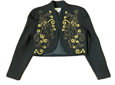 Vintage '80s Lillie Rubin Embellished Black Bolero Jacket Gold Embroidery Large - Image 1 of 4