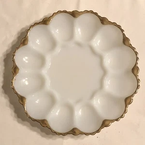 Vintage Anchor Hocking Milk Glass Deviled Egg Plate with Gold Trim Ornate Bottom - Picture 1 of 3