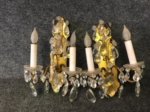 Vintage Pair Antique French Brass & Crystal 2 Arm Wall Sconces Lights Lamps - Picture 1 of 4