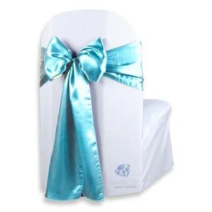 10 pcs Satin Chair Cover Bow Sash 108"x8" - Turquoise - Wedding Party nf - Picture 1 of 5