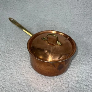 Vintage gefütterter Kupfertopf Messinggriff mit Deckel 5 1/2" x 3 1/4" Soßenpfanne Kochgeschirr - Bild 1 von 9