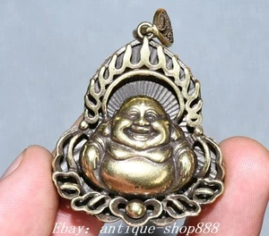 5CM Alt Tibetischer Buddhismus Bronze Vergoldet Happy Laugh Maitreya Buddha Amulett Anhänger - Bild 1 von 5
