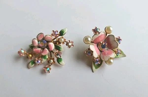 Vtg. Coro Signed Pink, Green & White Enamel, Beads, & Rhinestones Pins JL - Picture 1 of 5