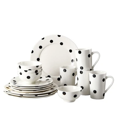 16-Piece Dinnerware Set, for 4, Black and White Polka Dot Ceramic Plates & Bo... - Image 1 of 4