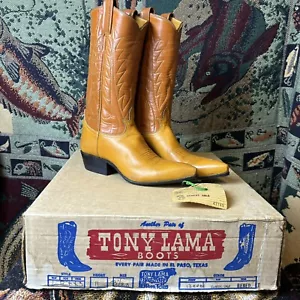 DS 1970s Tony Lama Cognac Emerald Stitched Cowboy Boots - Picture 1 of 8