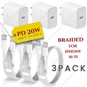 3Pack Type USB-C To USB C Cable For iPhone 15 16 Pro Max 20W Fast Charger Block - Picture 1 of 18