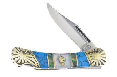Silverhorse Stone works Pocket knife Custom Pearl Abalone Turquoise Handle 123 - Image 1 of 4