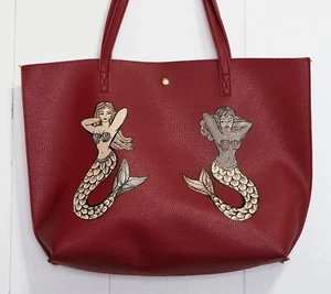 Bolso de Mano ÚNICO Pintado a Mano Imitación Cuero - Sirenas Rojas Náutico Retro Tatuaje - Imagen 1 de 6