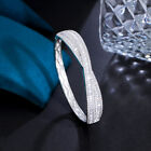 Sparkling White Silver Plated CZ Big Geometric Crystal Bangle for Brides Women