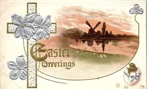 Vintage Easter Postcard ~ Pretty Gold Silver Gilt Cross with Windmill Scene 1910 - Picture 1 of 3