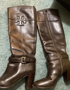 Women's Tory Burch Logo Zip Up Knee High Boots Shoes Size 7MBrown Leather Buckle - Picture 1 of 12