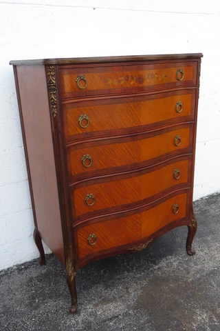 French Early 1900s Carved Inlay Serpentine Tall Chest of Drawers 4913 Cover