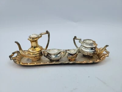 Antiguo juego de té plateado - 5 piezas - miniatura para casa de muñecas Foto 1 de 4