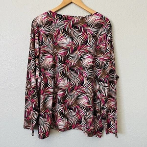Lands End Plus Sz 2X Pink Brown Palm Leaf Crew Swim Tee Rash Guard Long Sleeve - Picture 1 of 9