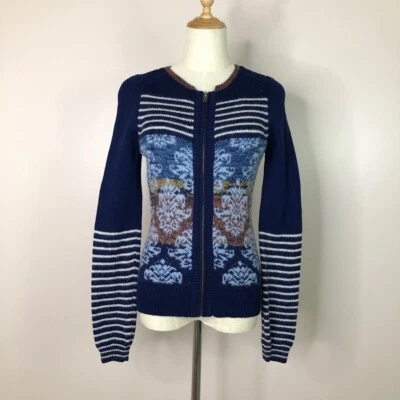 Sparrow Womens Cardigan Sweater Blue Striped Damask Zip Long Sleeve Wool Blend S - Image 1 of 4