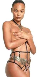 Victoria's Secret $44 Sexy Band of lovers Black Strappy harness Panty Large - Picture 1 of 4