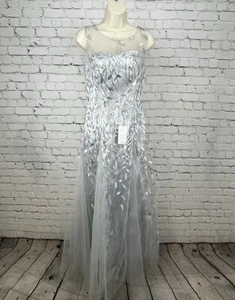 NWT Gem Grace Silver Gray A Line Maxi Dress Gown Embroidery Sequin Padded Size 6 - Picture 1 of 9