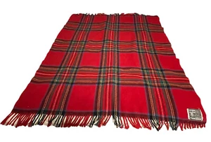 Vintage Romanian 100% Virgin Wool Throw Blanket Red Black White Tartan Plaid EUC - Picture 1 of 3