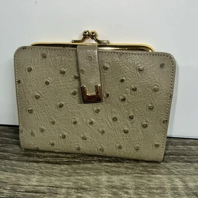 Винтажный BOND STREET женщин желтовато-коричневый страус кожи компактный Snap складного бумажника монета сумочки - Изображение 1 из 4