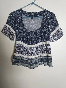 M Derek Heart Blue Floral And Lace Designer Blouse Womens Spring Fashion - Picture 1 of 9