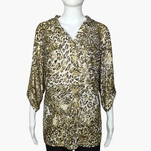 Blusa Emily Daniels para mujer manga enrollada con botones estampado animal talla 1X - Imagen 1 de 13