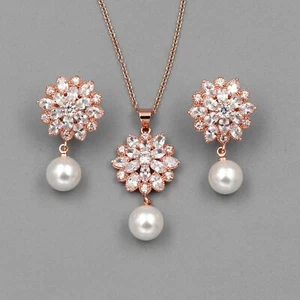 Women ROSE GOLD Plated Pearl Zirconia Necklace Earrings Wedding Jewelry Set 6088 - Picture 1 of 8