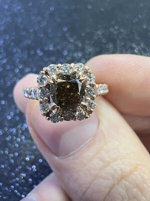 14K Rose Gold Diamond Halo Ring Brown Diamond And White Diamonds - Image 1 of 4