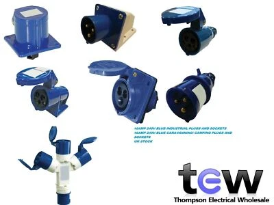 TEW 240V 16AMP 3PIN BLUE INDUSTRIAL PLUGS AND SOCKETS IP44 CAMPING CARAVAN LEAD