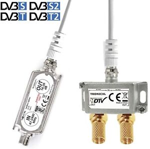 20dB Sat Verstärker + 2-Fach Antennenverteiler Splitter 3D 4K HDTV DVB-S2 Weiche