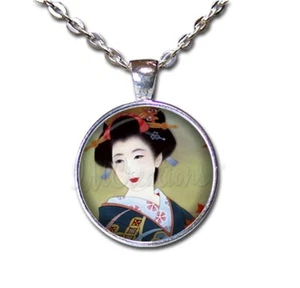 Japanese Geisha Woman Autumn Leaves - Handmade Round Glass Pendant Necklace - Picture 1 of 10