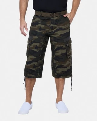 XRAY Mens Belted 18" Inseam Below Knee Long Cargo Shorts in Olive Camo - Size 44 - Image 1 of 4