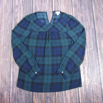 Camisa J.Crew Mujer XXS Verde Azul Marino Cuadros Negro Reloj Popover Manga Larga Cuello en V Foto 1 de 4