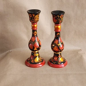 Russian Folk Art Handmade Wooden Hand Painted Strawberries Candlestick Holders - Picture 1 of 24
