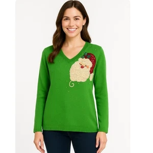Quacker Factory Green Sequin Santa Christmas Sweater V-Neck Holiday Embellished - Picture 1 of 11