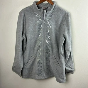 NWT Quacker Factory Fleece Jacket Rhinestone Zipper Sweater Gray Large A234601 - Picture 1 of 10