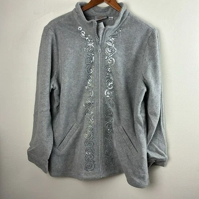 NWT Quacker Factory Fleece Jacket Rhinestone Zipper Sweater Gray Large A234601 - Image 1 of 4