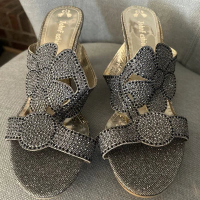 B10 John Fashion Heels Glittery Wedge Silver and Black Sparkles Size 10 - Image 1 of 4