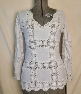 Boston Proper Ivory White Crochet Square Hippy Boho Long Sleeve Top Cover up S - Picture 1 of 15
