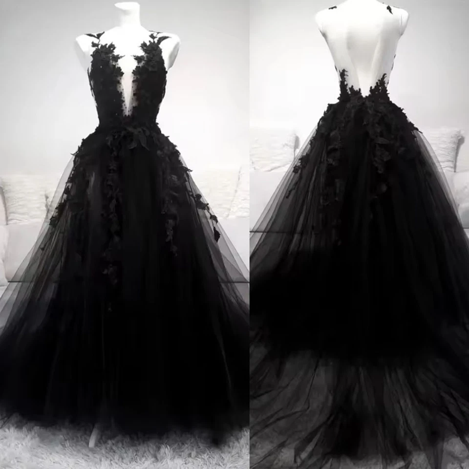 Black V-Neck Tulle Wedding Gown Lace Long Boho Dress A-Line Bridal Gowns - Image 1 of 4