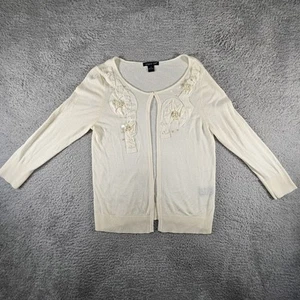 August Silk Cardigan Womens M Ivory Floral Silk Blend Embroidered Beaded Sweater - Picture 1 of 13