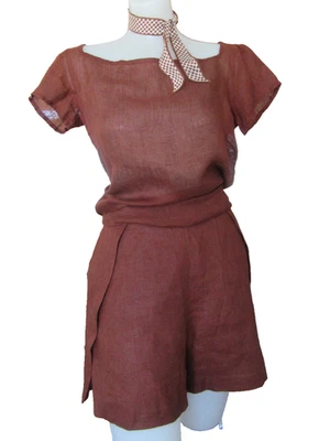 Gordon Henderson Rare VTG Set Top W/ Wrap Pants 100% Linen Chocolate Brown 4/6 - Image 1 of 4